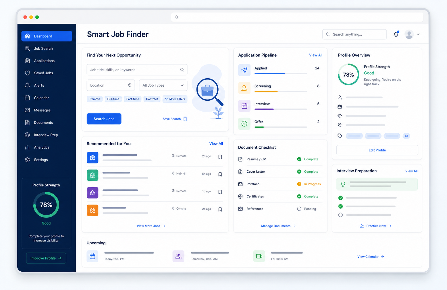Smart Job Finder Dashboard mit Jobsuche und Bewerbungsverwaltung